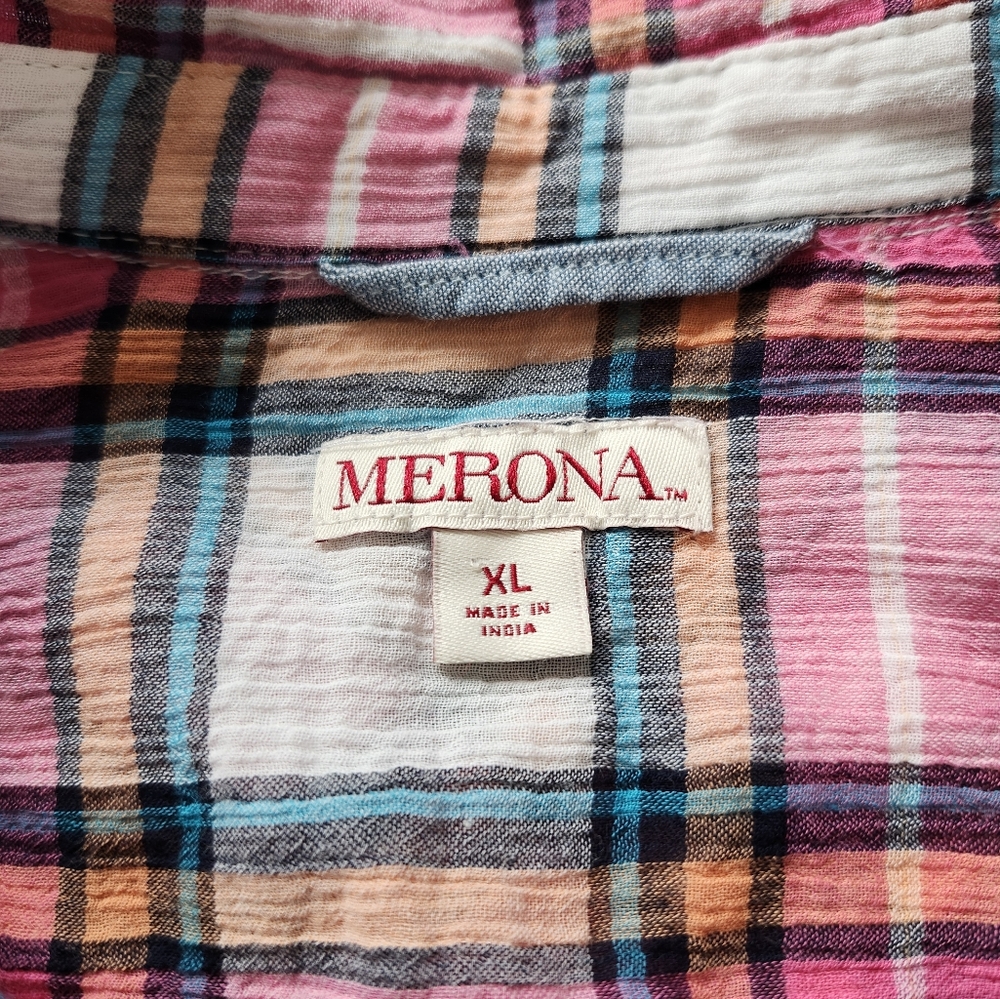 Merona Size XL Pink Plaid Half Button-Up Shirt - Picture 7 of 8